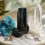 Libra and Scorpio compatibility with Apatite, Black Tourmaline, and Quartz crystals arranged with zodiac symbols ♎ and ♏