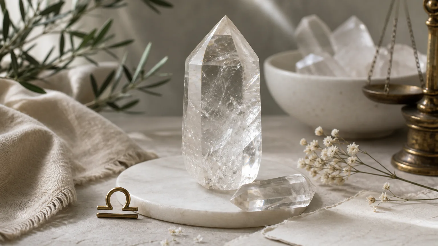 Libra September 2026 monthly horoscope with Clear Quartz as crystal of the month, zodiac symbol ♎
