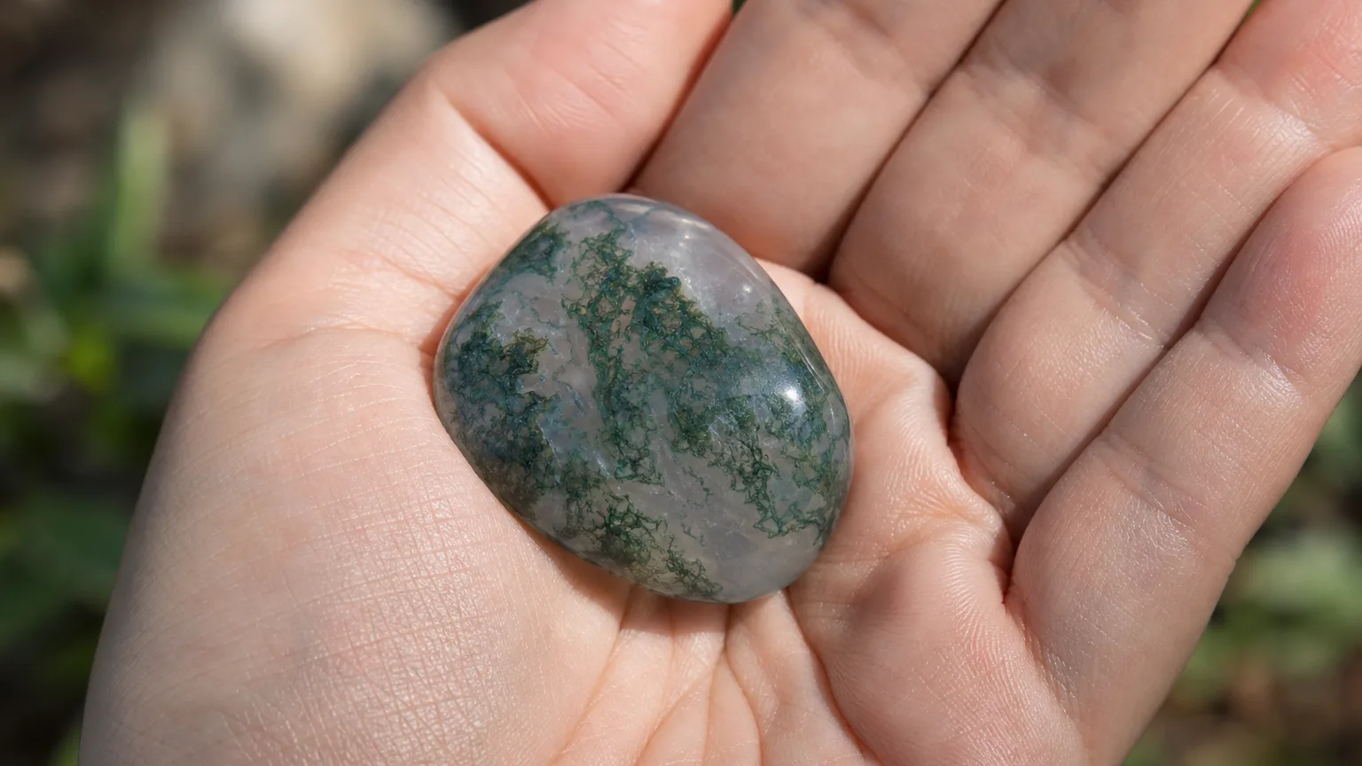 Moss Agate Meaning: Healing Properties & Uses 5 Moss agate tumbled palm stone for growth and grounding