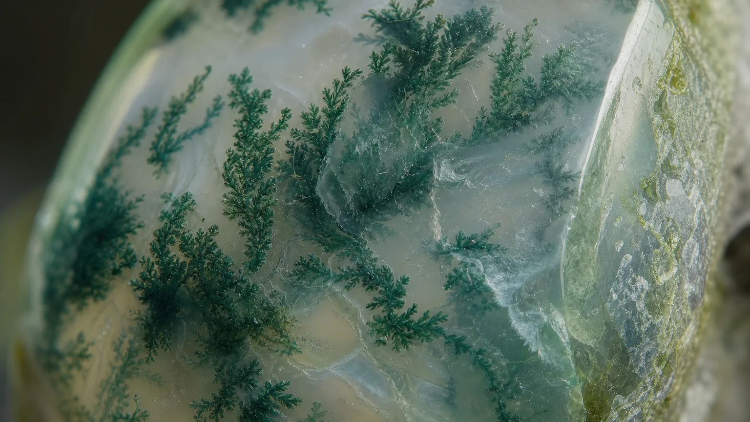 Moss Agate Meaning: Healing Properties & Uses 2 Green dendritic moss agate mineral inclusions close-up