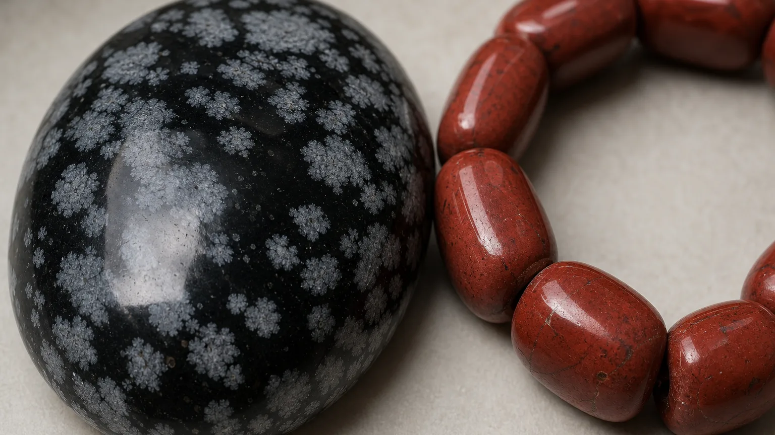 A macro close-up of black (also snowflake Obsidian (palm stone) and brick red Red Jasper (bracelet) crystals arranged together in one frame, both stones touching, fine surface textures visible, soft even studio light
