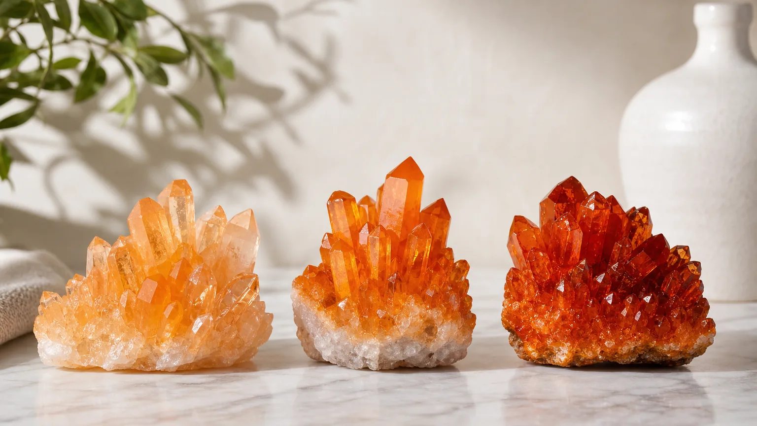 A shade guide of orange crystals showing light, medium and deep orange samples side by side for identification, even studio light, reference chart style