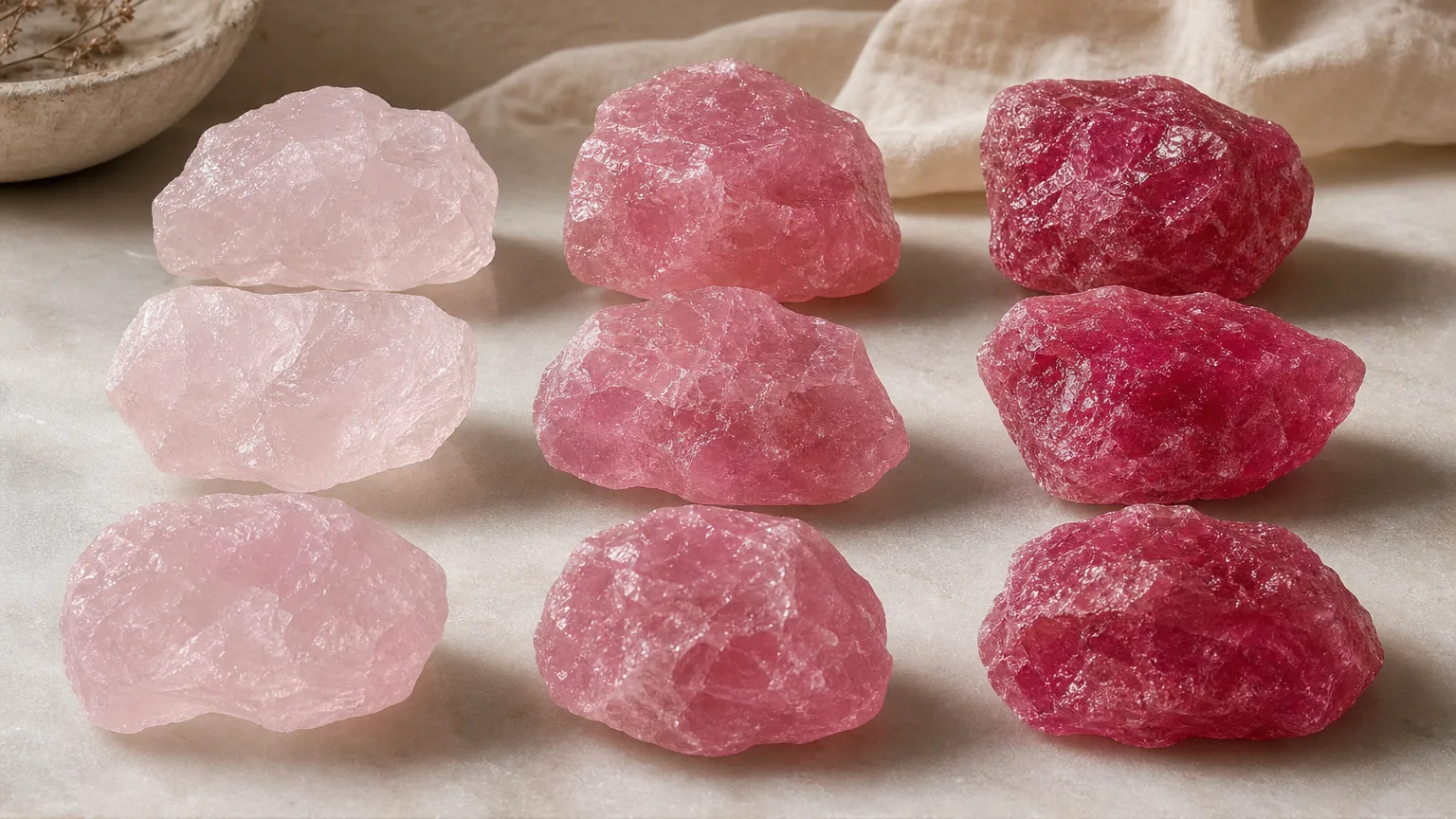 A shade guide of pink crystals showing light, medium and deep pink samples side by side for identification, even studio light, reference chart style