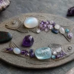 Best crystals for Pisces: Amethyst, Aquamarine, Bloodstone, Moonstone and more arranged with a Pisces fish motif