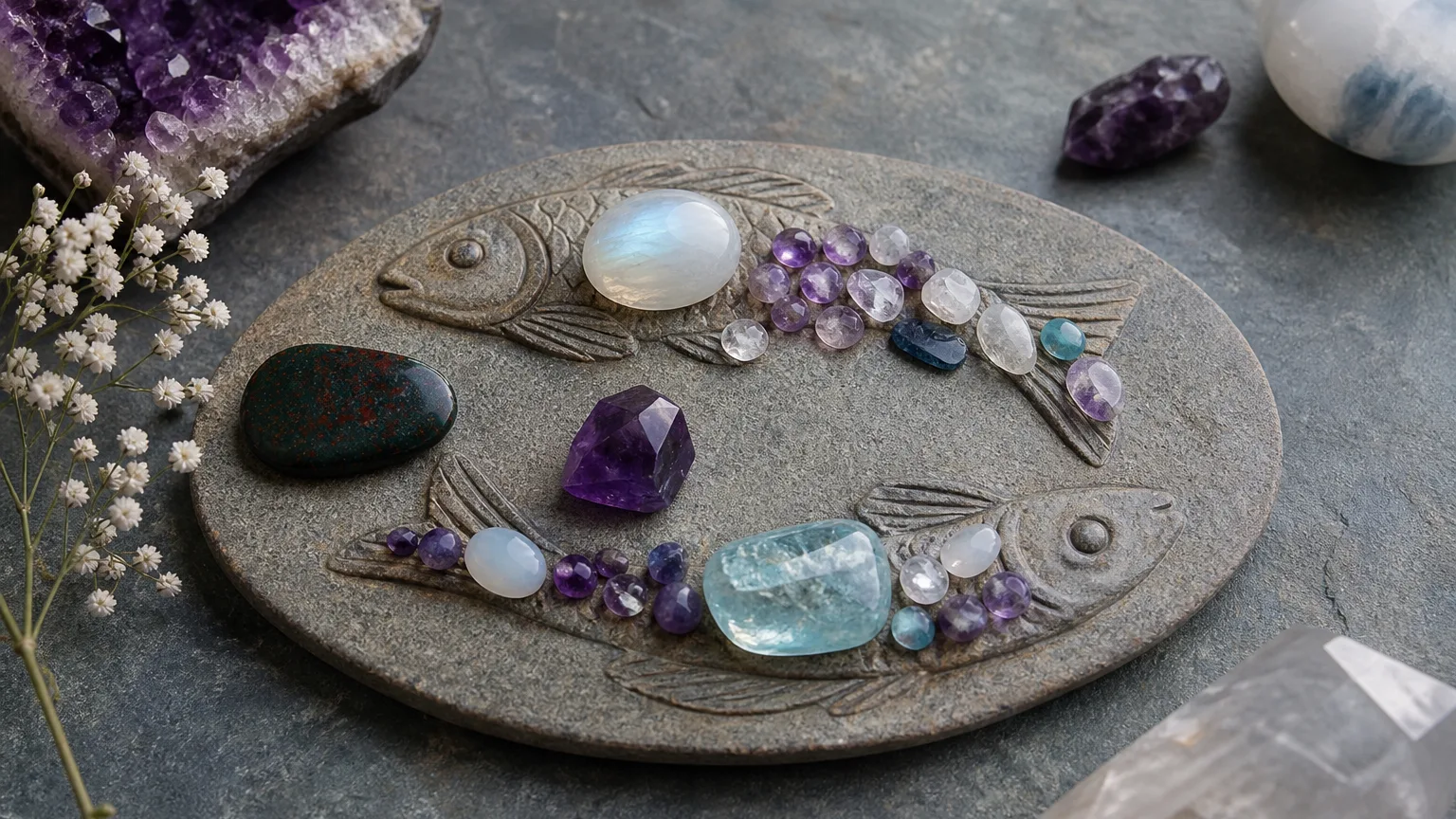 Best crystals for Pisces: Amethyst, Aquamarine, Bloodstone, Moonstone and more arranged with a Pisces fish motif