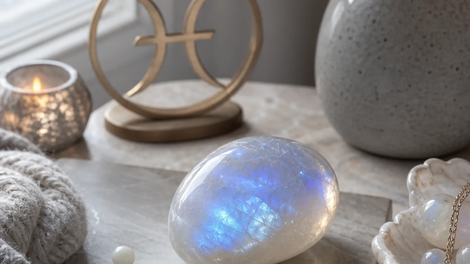 Pisces December 2026 monthly horoscope with Moonstone as crystal of the month, zodiac symbol ♓