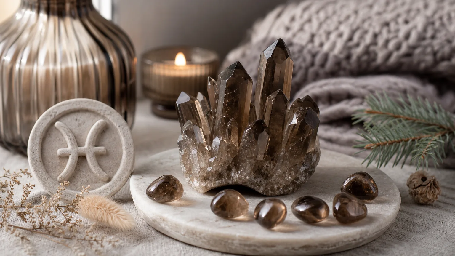 Pisces January 2026 monthly horoscope with Smoky Quartz as crystal of the month, zodiac symbol ♓