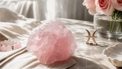 Pisces July 2026 monthly horoscope with Rose Quartz as crystal of the month, zodiac symbol ♓