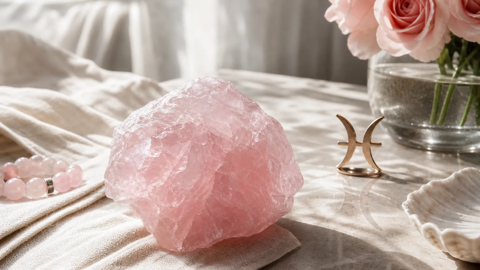 Pisces July 2026 monthly horoscope with Rose Quartz as crystal of the month, zodiac symbol ♓