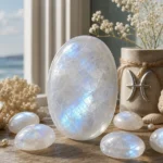 Pisces March 2026 monthly horoscope with Moonstone as crystal of the month, zodiac symbol ♓