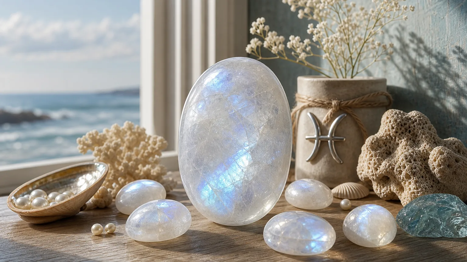 Pisces March 2026 monthly horoscope with Moonstone as crystal of the month, zodiac symbol ♓