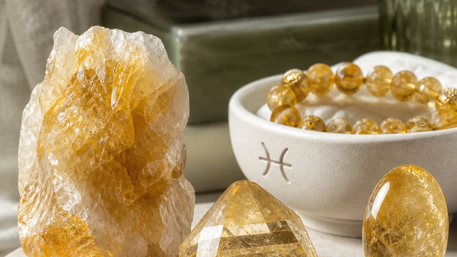 Pisces May 2026 monthly horoscope with Citrine as crystal of the month, zodiac symbol ♓