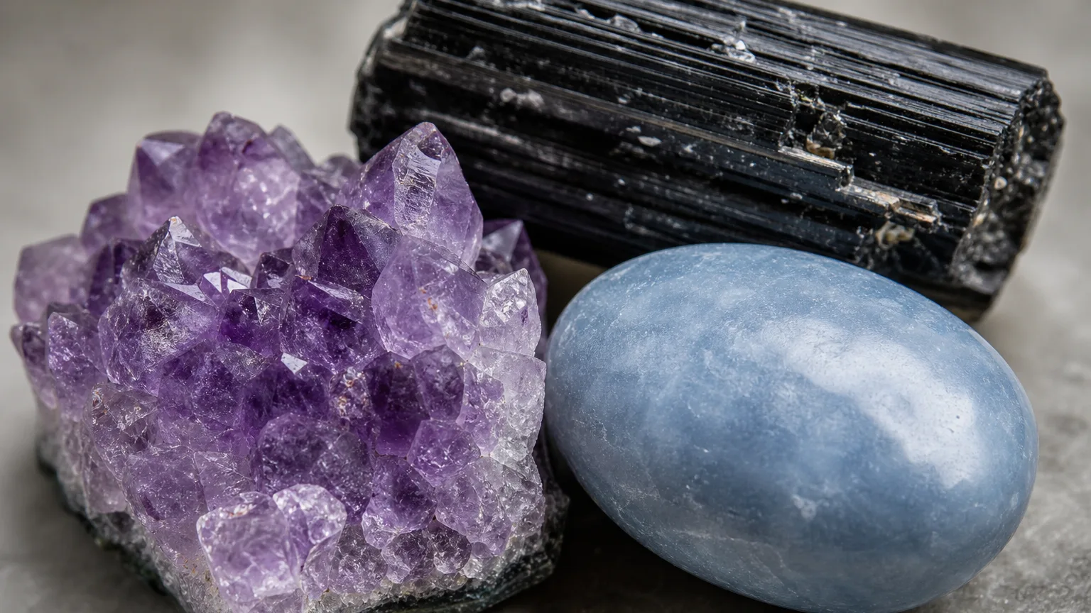 The best crystal pair for Pisces and Pisces: Amethyst, Angelite, and Black Tourmaline shown together