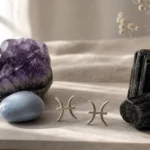 Pisces and Pisces compatibility with Amethyst, Angelite, and Black Tourmaline crystals arranged with zodiac symbols ♓ and ♓