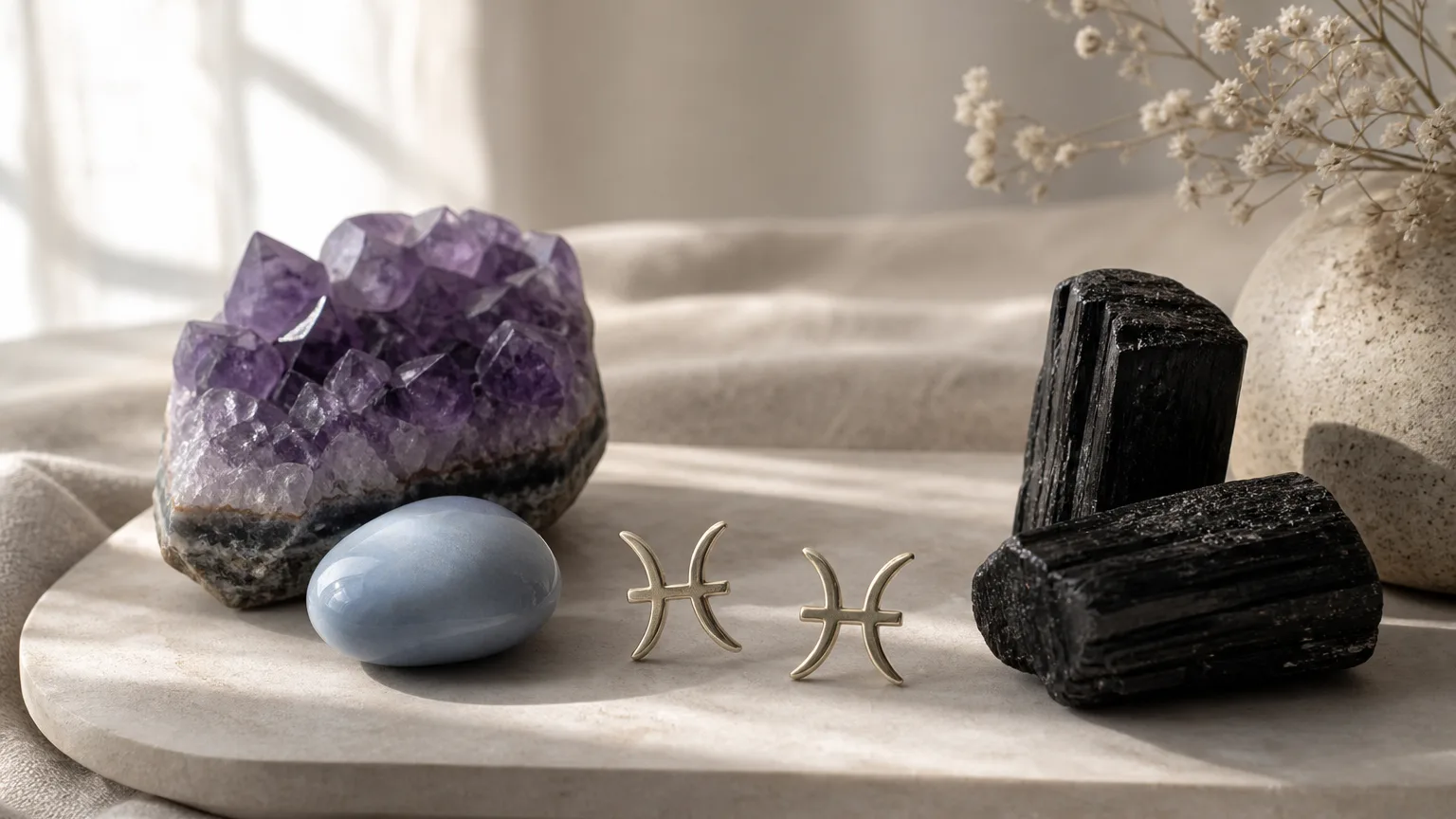 Pisces and Pisces compatibility with Amethyst, Angelite, and Black Tourmaline crystals arranged with zodiac symbols ♓ and ♓