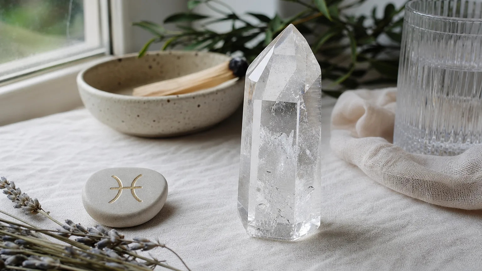 Pisces September 2026 monthly horoscope with Clear Quartz as crystal of the month, zodiac symbol ♓