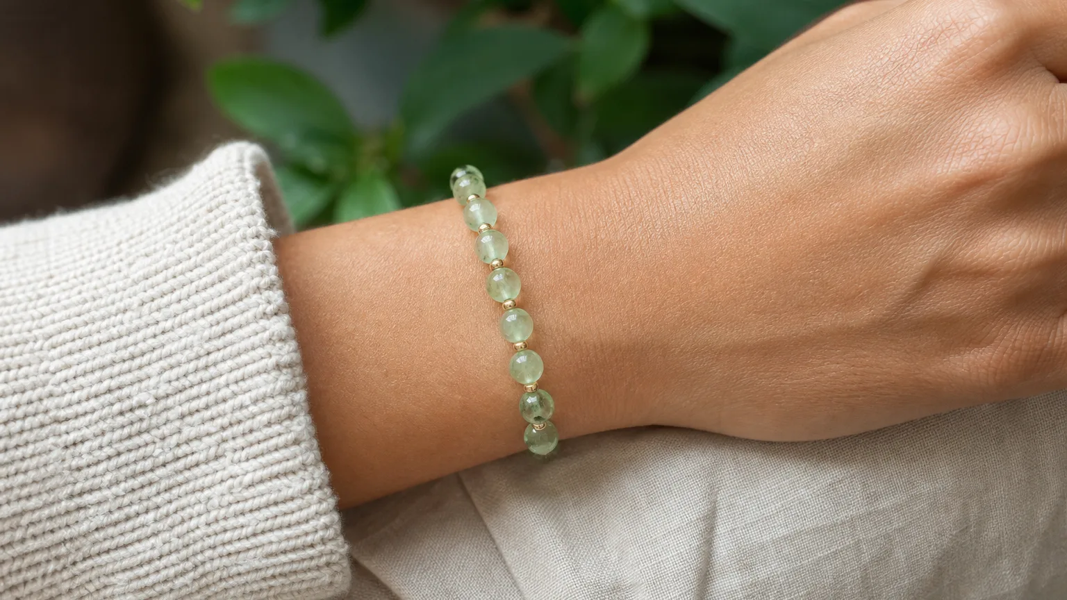 Prehnite Meaning: Healing Properties & Uses 5 Prehnite bracelet worn on the wrist for daily calm