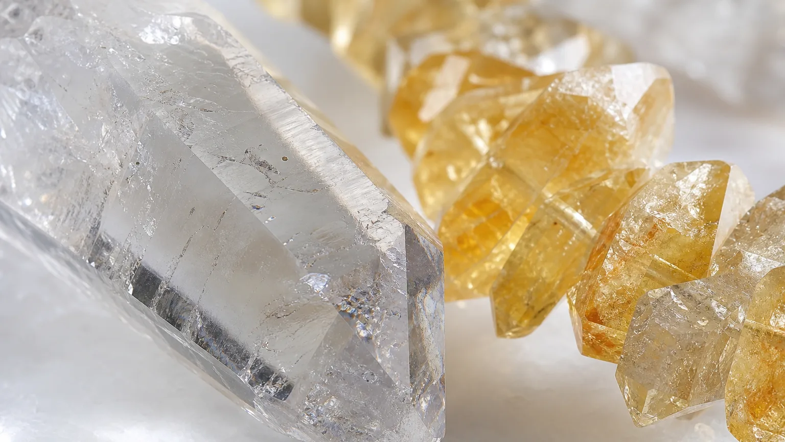 A macro close-up of clear (rock crystal) Quartz (point) and yellow Citrine (bracelet) crystals arranged together in one frame, both stones touching, fine surface textures visible, soft even studio light