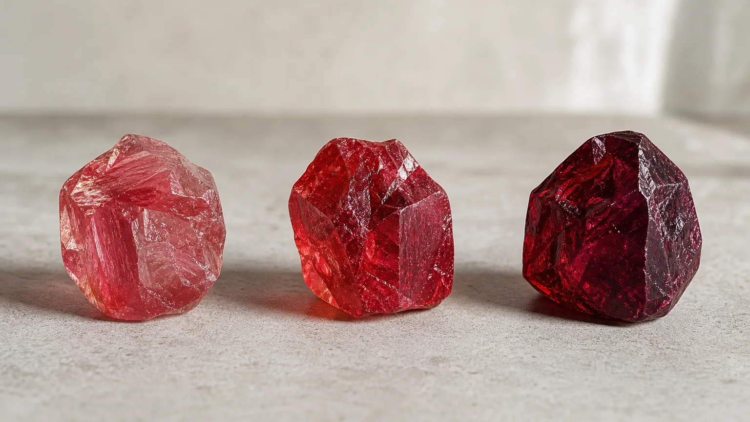 A shade guide of red crystals showing light, medium and deep red samples side by side for identification, even studio light, reference chart style