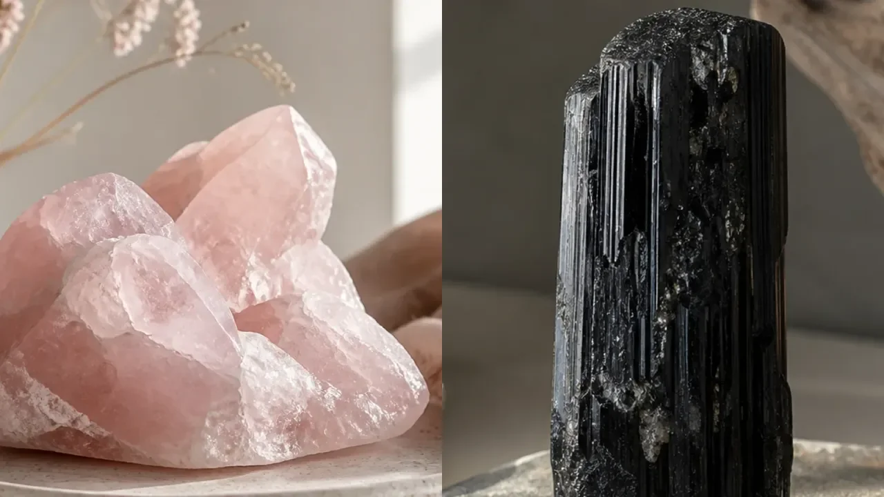 Rose Quartz and Black Tourmaline combination for crystal pairing