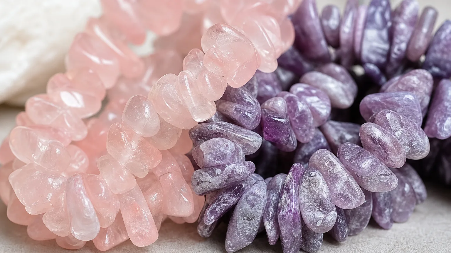 A macro close-up of soft pink Rose Quartz (bracelet) and lavender Lepidolite (chip-bead bracelet) crystals arranged together in one frame, both stones touching, fine surface textures visible, soft even studio light