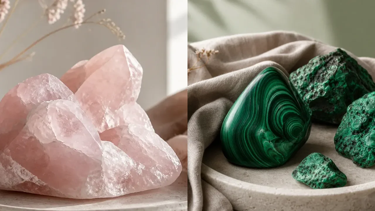 Rose Quartz and Malachite combination for crystal pairing