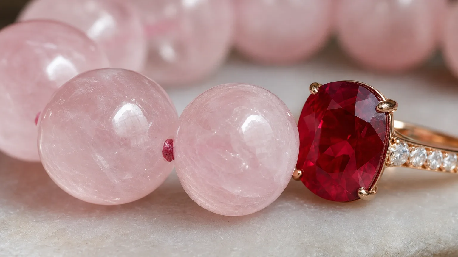 A macro close-up of soft pink Rose Quartz (bracelet) and deep red (&#8220 Ruby (faceted ring) crystals arranged together in one frame, both stones touching, fine surface textures visible, soft even studio light