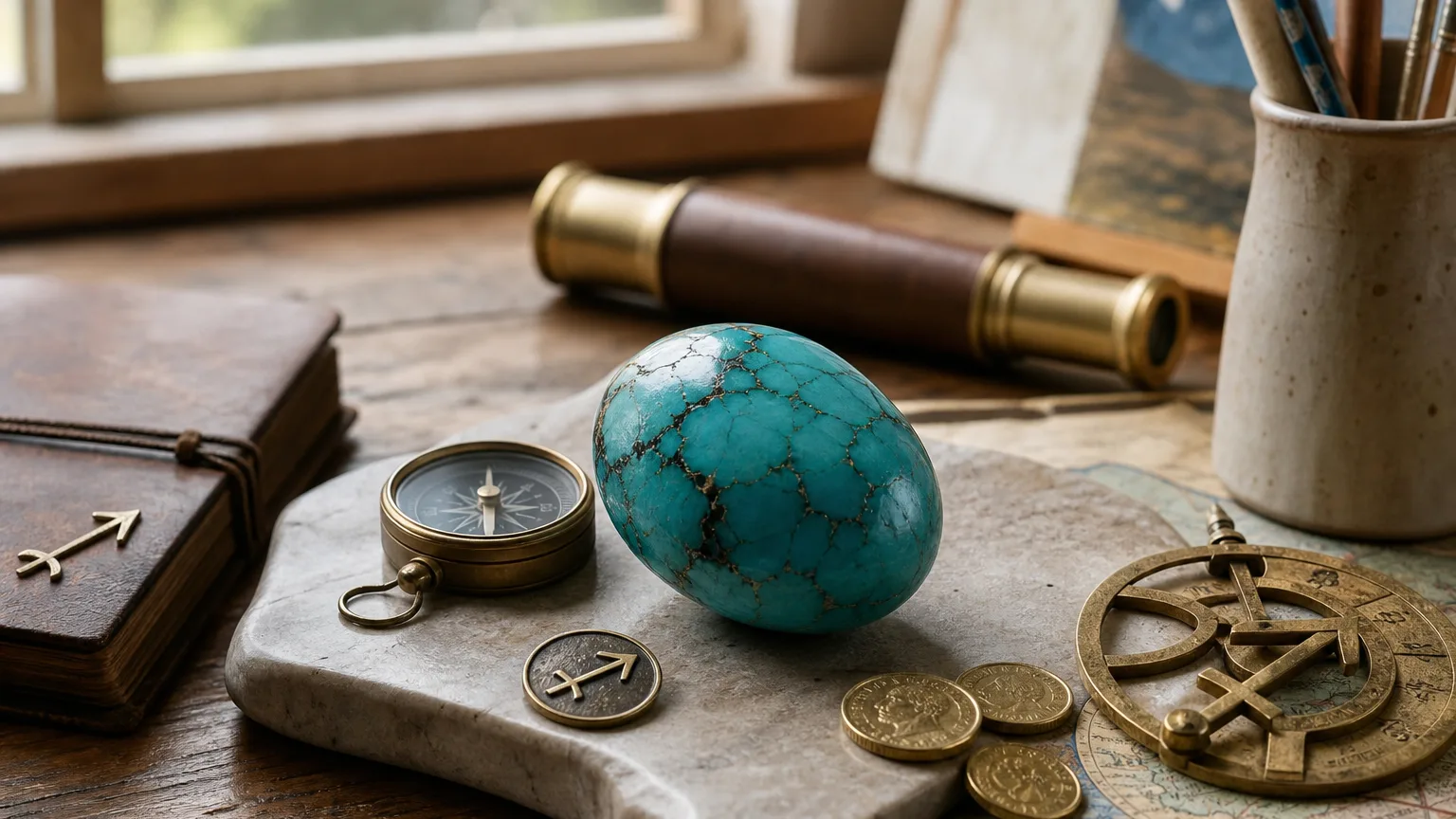 Sagittarius 2026 yearly horoscope with Turquoise as crystal of the year, zodiac symbol ♐, representing adventure, money, and creative expansion
