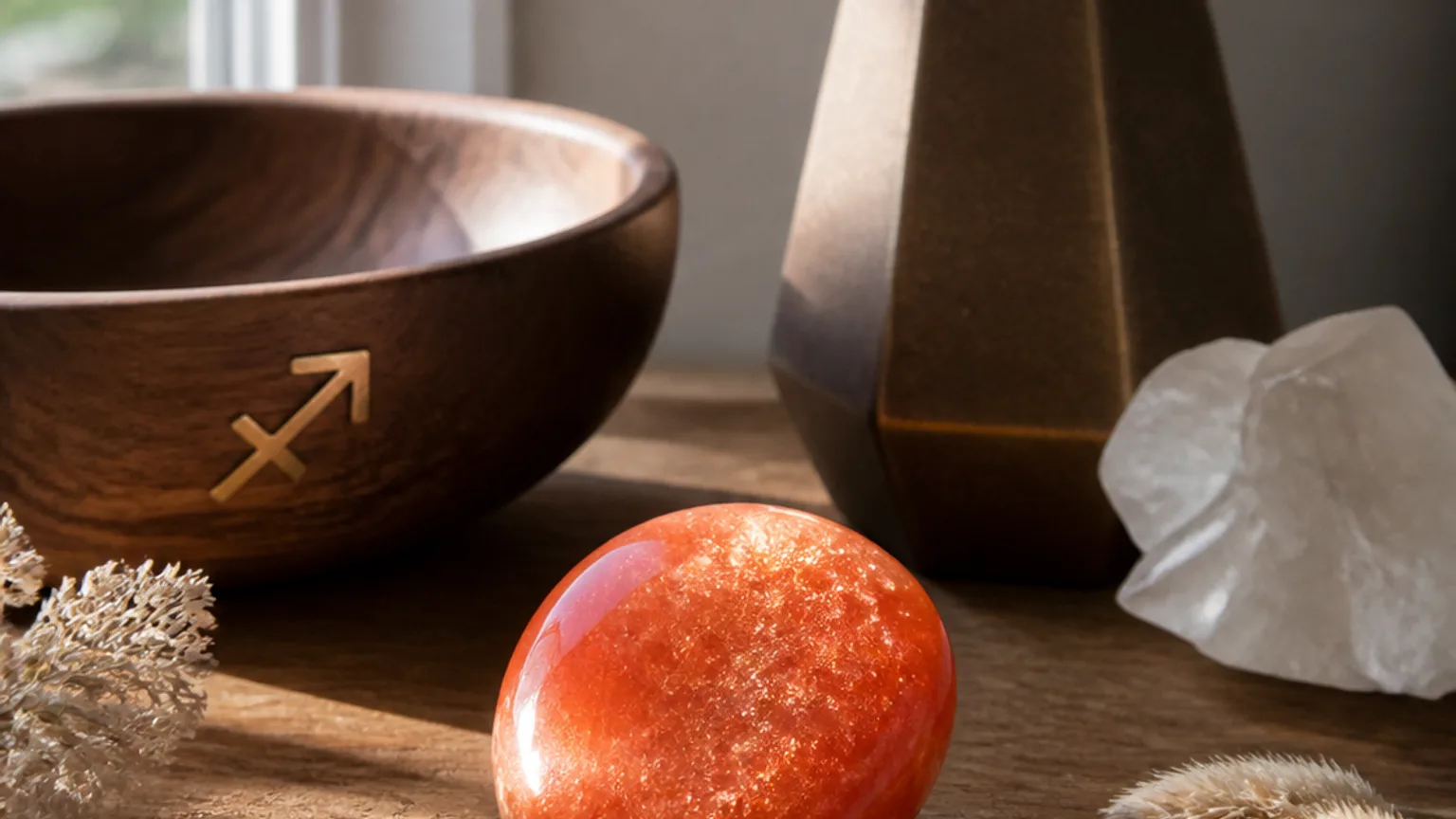 Sagittarius August 2026 monthly horoscope with Sunstone as crystal of the month, zodiac symbol ♐