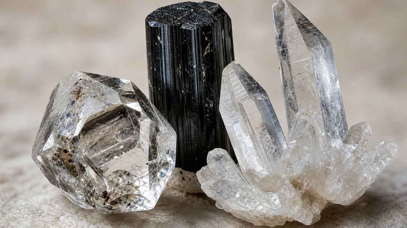 The best crystal pair for Sagittarius and Capricorn: Herkimer Diamond, Black Tourmaline, and Quartz shown together