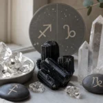 Sagittarius and Capricorn compatibility with Herkimer Diamond, Black Tourmaline, and Quartz crystals arranged with zodiac symbols ♐ and ♑