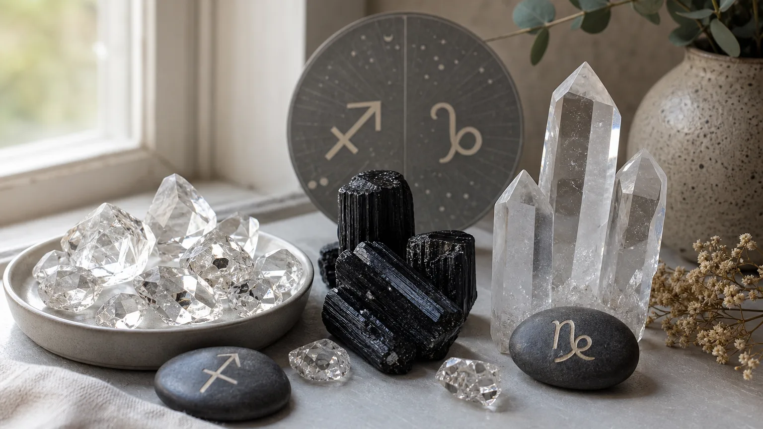 Sagittarius and Capricorn compatibility with Herkimer Diamond, Black Tourmaline, and Quartz crystals arranged with zodiac symbols ♐ and ♑