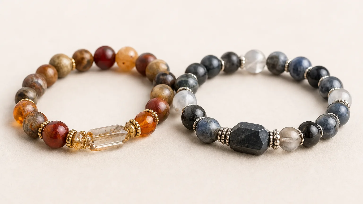 How Sagittarius and Capricorn can use crystals together: two crystal bracelets side by side
