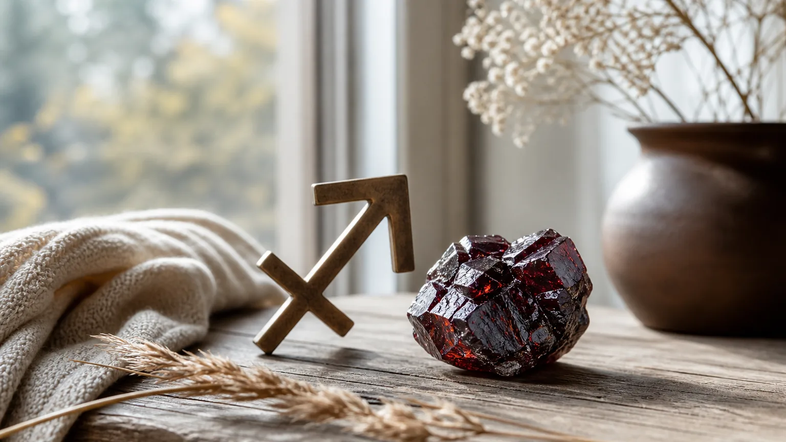 Sagittarius January 2026 monthly horoscope with Garnet as crystal of the month, zodiac symbol ♐