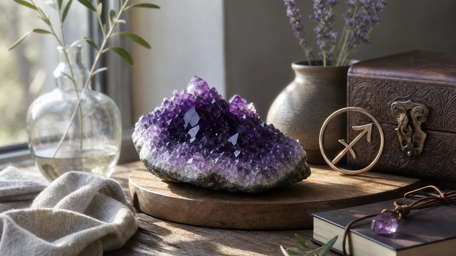 Sagittarius March 2026 monthly horoscope with Amethyst as crystal of the month, zodiac symbol ♐