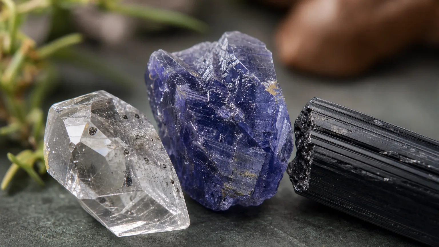 The best crystal pair for Sagittarius and Sagittarius: Herkimer Diamond, Iolite, and Black Tourmaline shown together