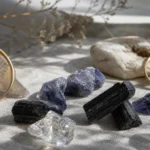 Sagittarius and Sagittarius compatibility with Herkimer Diamond, Iolite, and Black Tourmaline crystals arranged with zodiac symbols ♐ and ♐