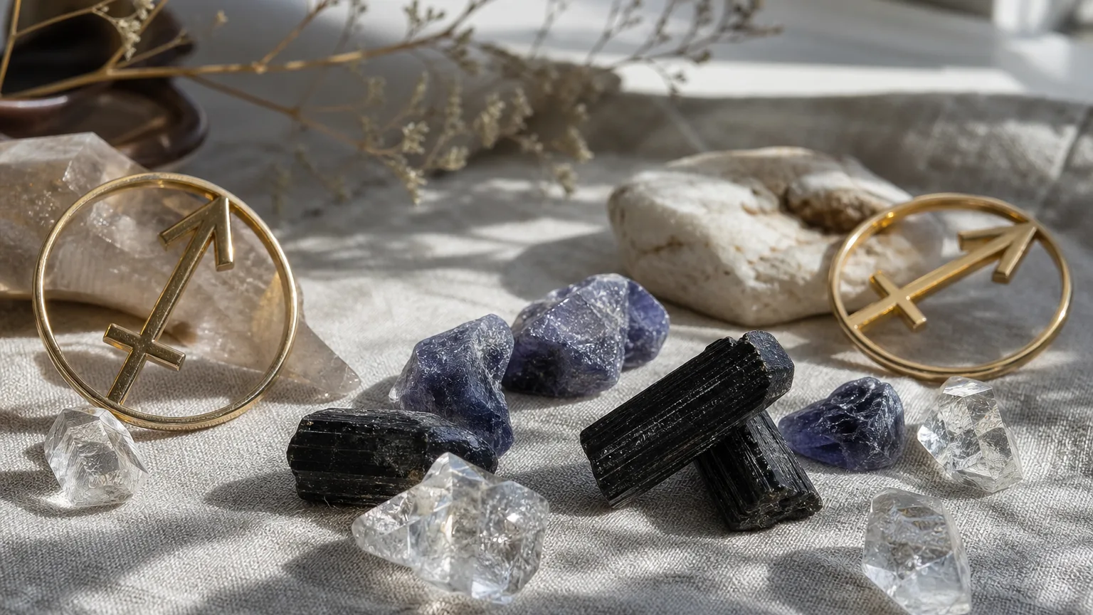 Sagittarius and Sagittarius compatibility with Herkimer Diamond, Iolite, and Black Tourmaline crystals arranged with zodiac symbols ♐ and ♐