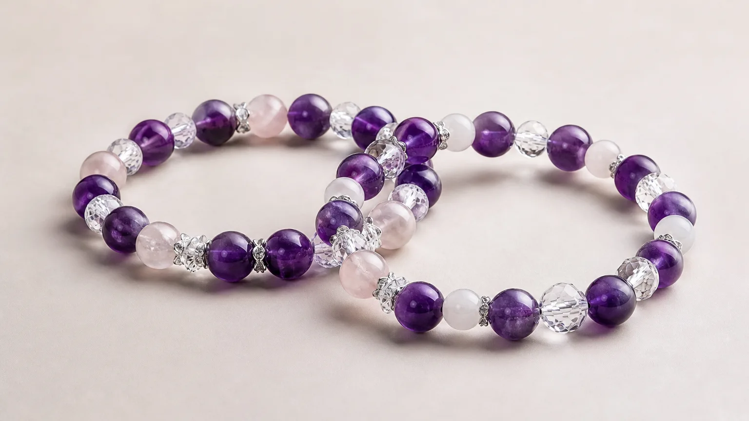 How Sagittarius and Sagittarius can use crystals together: two crystal bracelets side by side