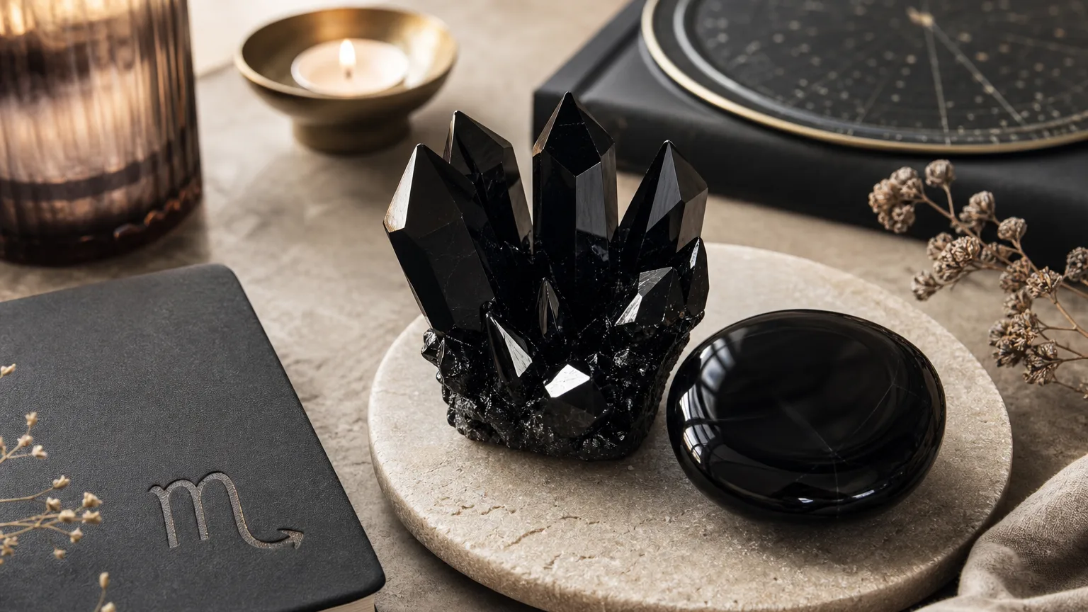Scorpio 2026 yearly horoscope with Obsidian as crystal of the year, zodiac symbol ♏, representing intimacy, healing, and professional reinvention