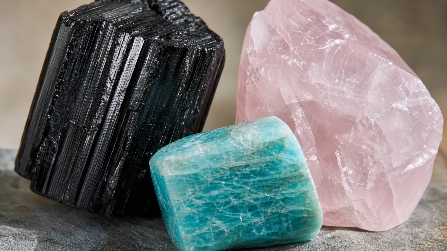 The best crystal pair for Scorpio and Aquarius: Black Tourmaline, Amazonite, and Rose Quartz shown together