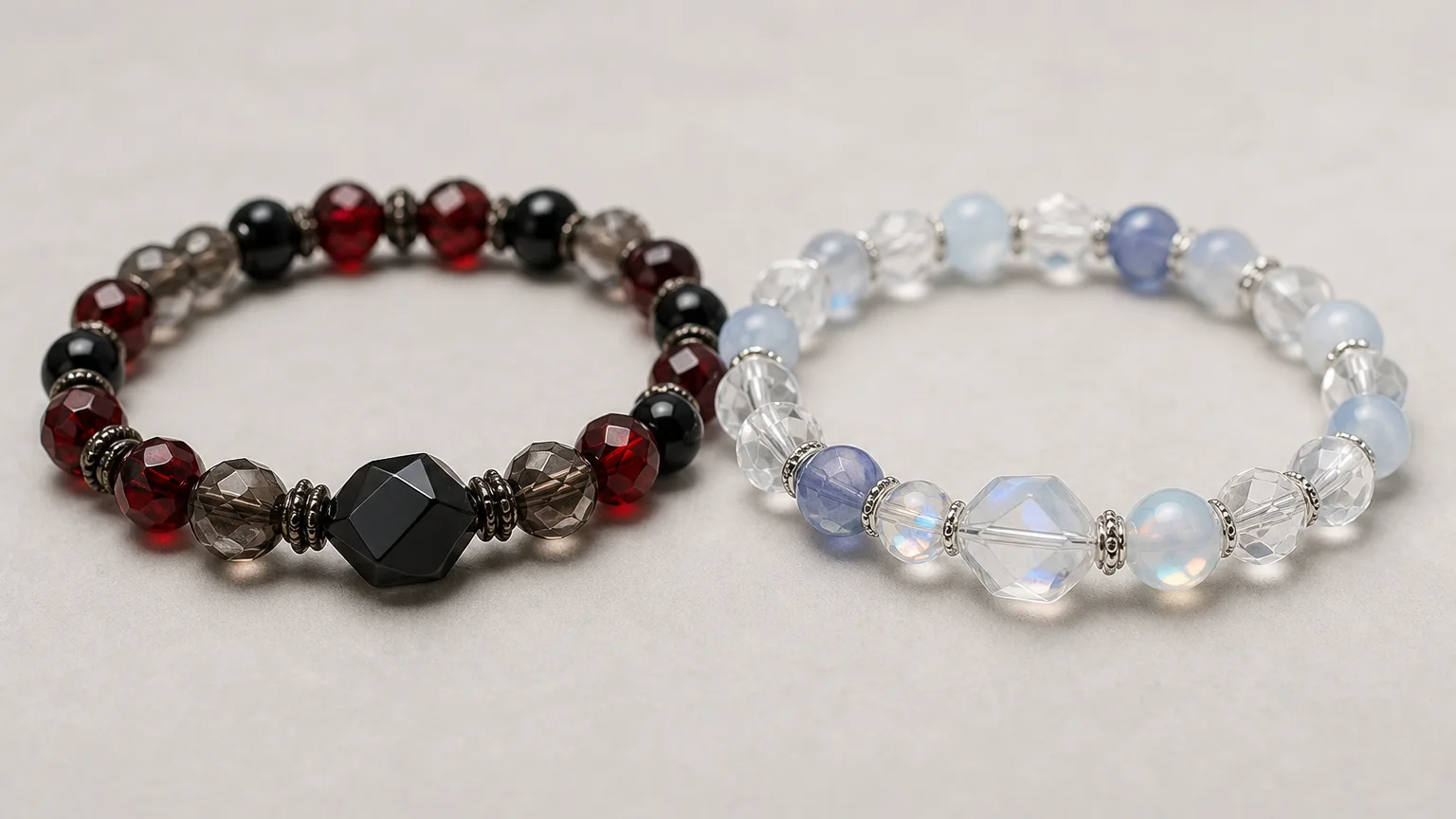 How Scorpio and Aquarius can use crystals together: two crystal bracelets side by side