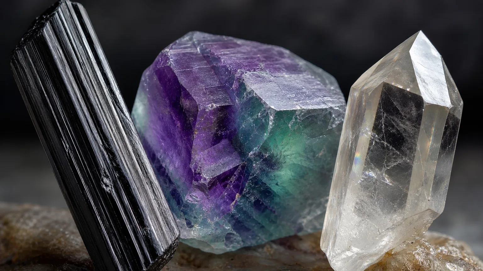 The best crystal pair for Scorpio and Capricorn: Black Tourmaline, Fluorite, and Quartz shown together