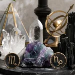 Scorpio and Capricorn compatibility with Black Tourmaline, Fluorite, and Quartz crystals arranged with zodiac symbols ♏ and ♑