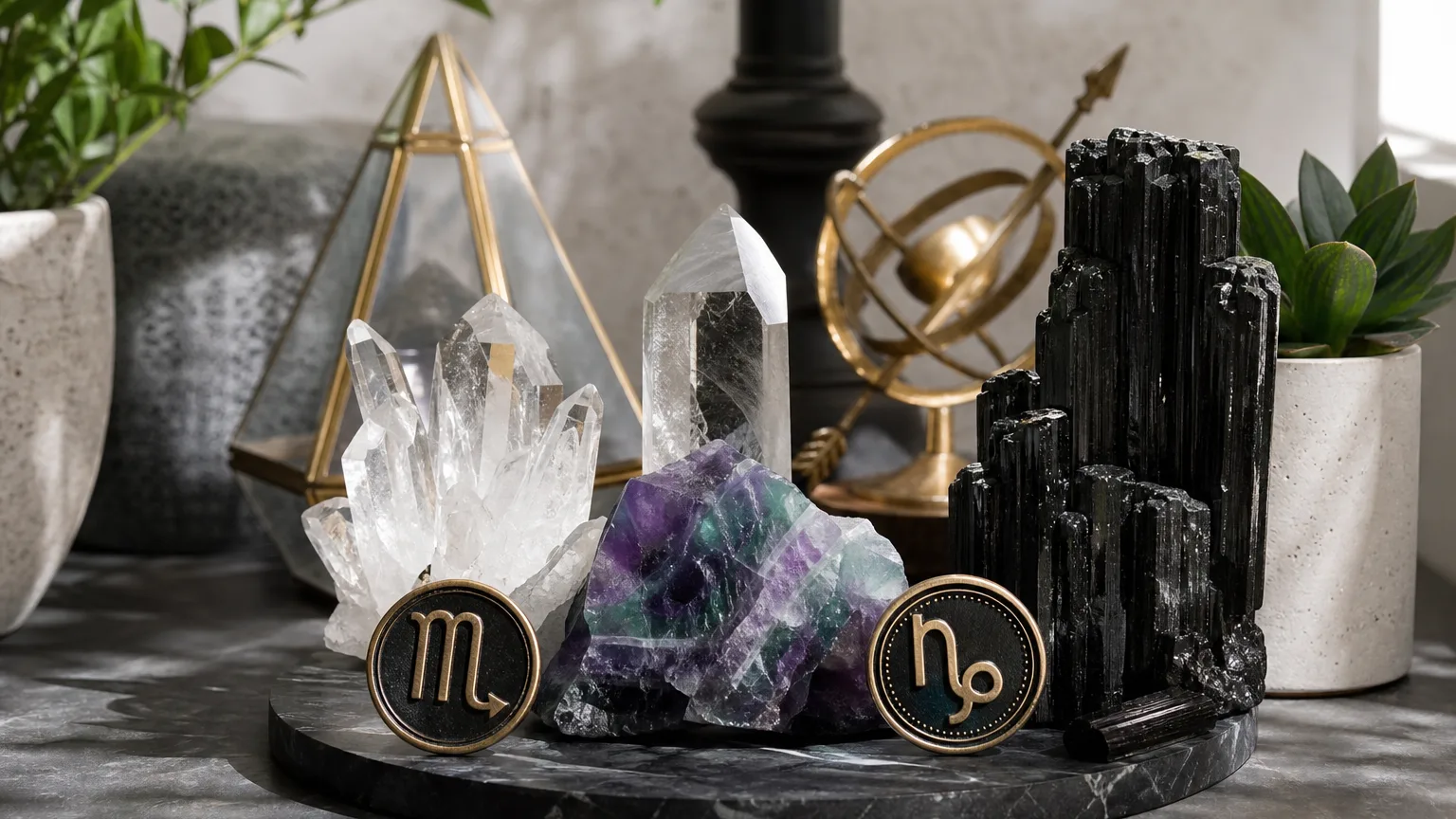 Scorpio and Capricorn compatibility with Black Tourmaline, Fluorite, and Quartz crystals arranged with zodiac symbols ♏ and ♑