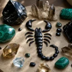 Best crystals for Scorpio: Obsidian, Malachite, Topaz, Smoky Quartz and more arranged with a Scorpio scorpion motif