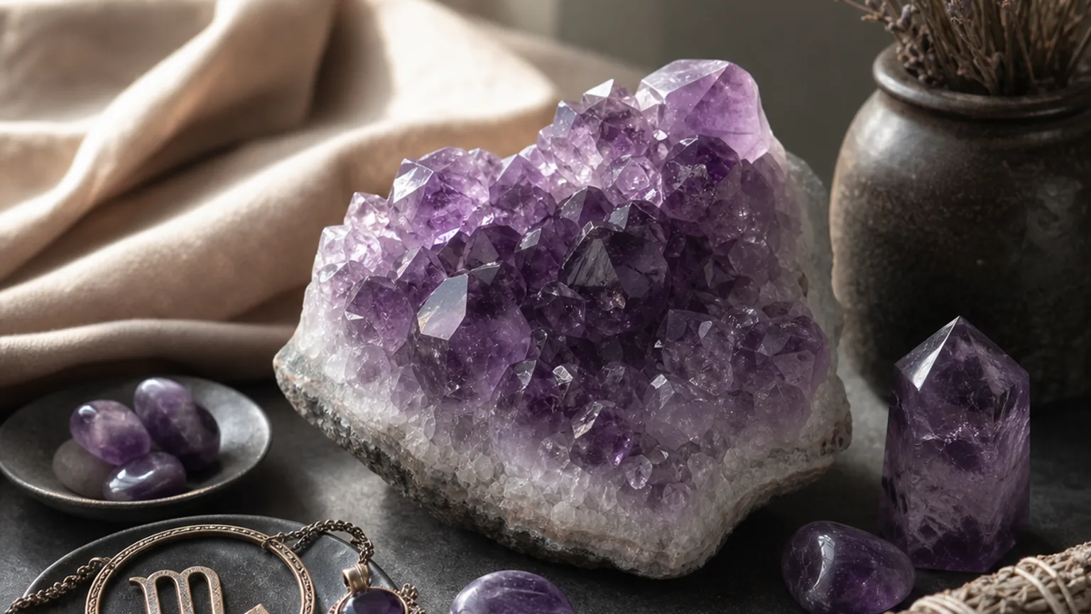 Scorpio February 2026 monthly horoscope with Amethyst as crystal of the month, zodiac symbol ♏