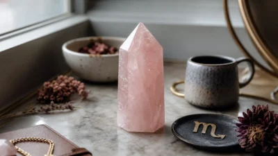 Scorpio July 2026 monthly horoscope with Rose Quartz as crystal of the month, zodiac symbol ♏