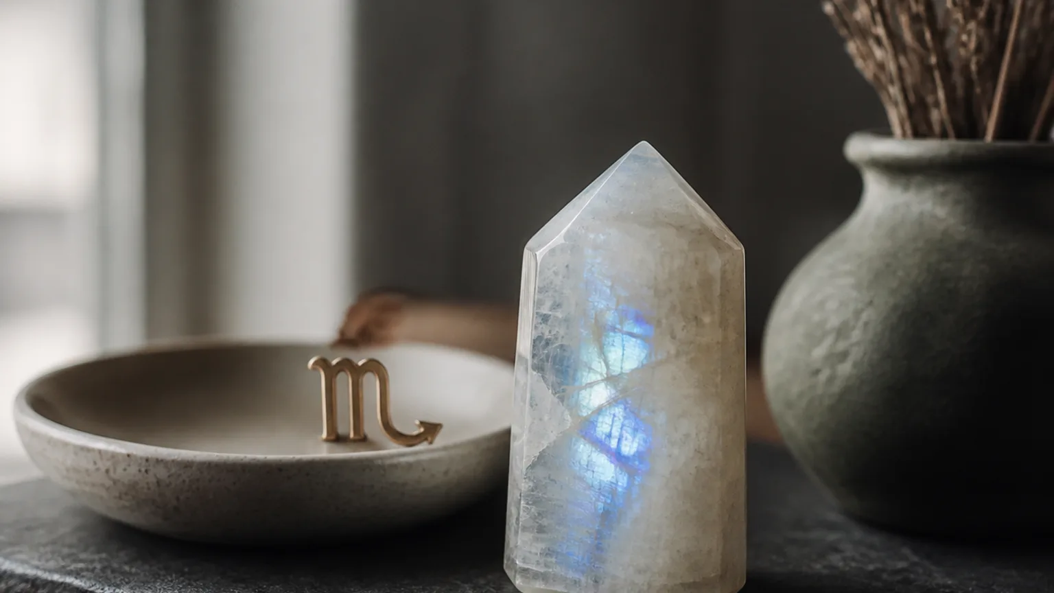 Scorpio March 2026 monthly horoscope with Moonstone as crystal of the month, zodiac symbol ♏