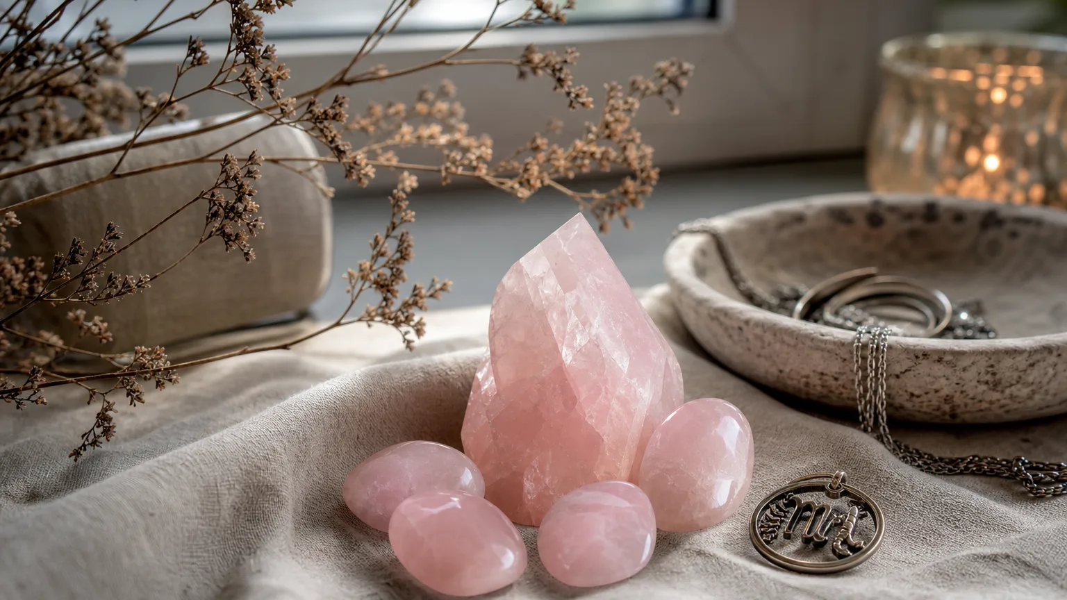 Scorpio October 2026 monthly horoscope with Rose Quartz as crystal of the month, zodiac symbol ♏